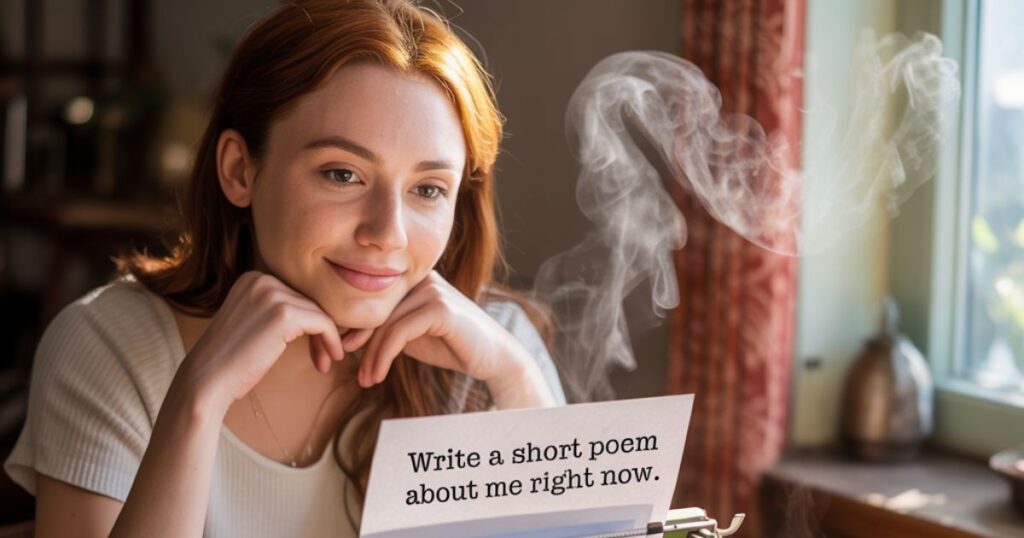 Write a short poem about me right now and send it over